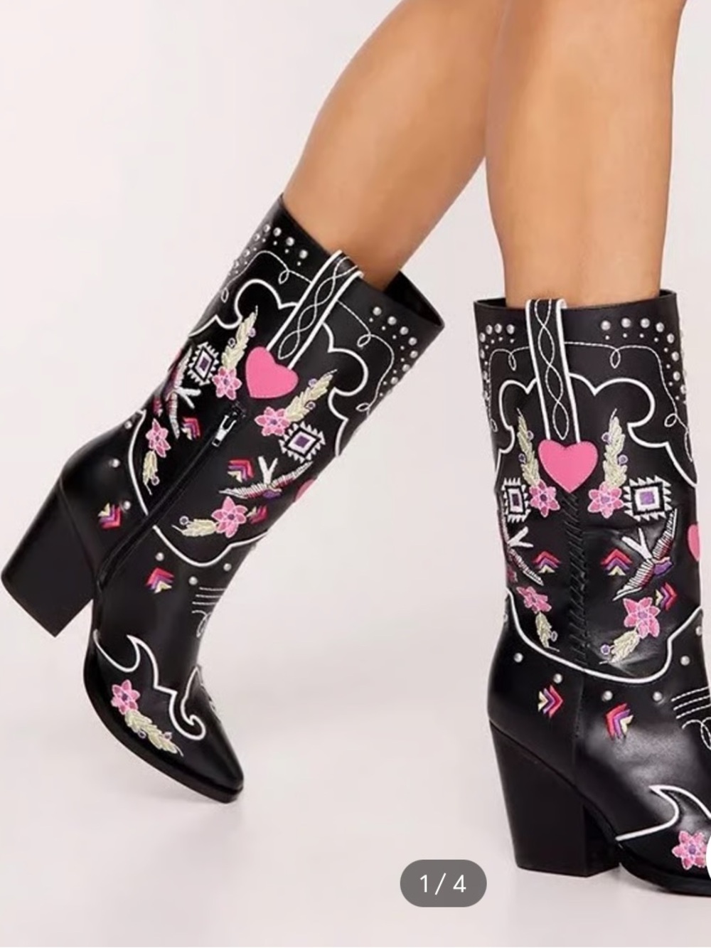 Nasty Gal Black Leather Cowboy Boots with Pink Floral & Heart Embroidery